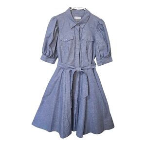 Calvin Klein Cotton Chambray Puff Sleeve Belt Shirt Dress Size 8 Retro Feminine